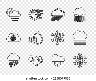 Set line Cloud with snow, Snowflake, rain, Water drop, and moon, percentage,  and Fog cloud icon. Vector