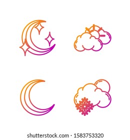 Set line Cloud with snow and sun, Moon and stars, Moon and stars and Sun and cloud weather. Gradient color icons. Vector