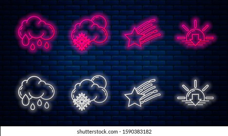 Set line Cloud with snow and sun, Falling star, Cloud with rain and Sunset. Glowing neon icon on brick wall. Vector