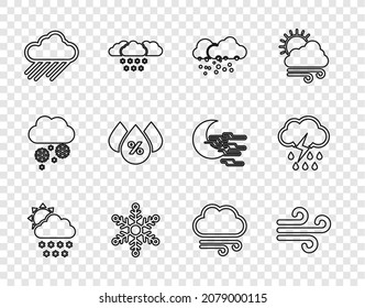 Fijar la Nube de Línea con nieve y sol, Viento, Copo de Nieve, lluvia, Porcentaje de caída de agua, Clima eólico e ícono de relámpago. Vector