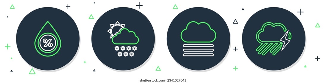 Set line Cloud with snow and sun, Fog cloud, Water drop percentage and rain lightning icon. Vector