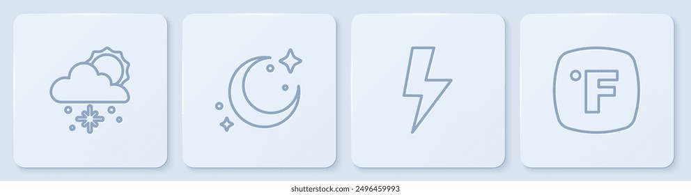 Set line Cloud with snow and sun, Lightning bolt, Moon stars and Fahrenheit. White square button. Vector