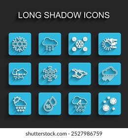 Set line Cloud with snow and sun, Water drop percentage, Snowflake, rain lightning,  and Fog icon. Vector