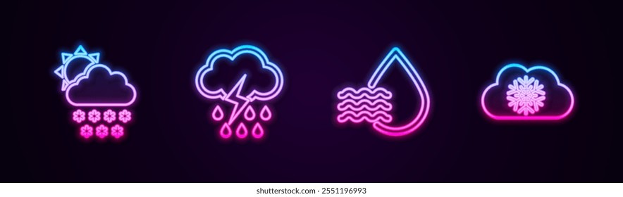 Set line Cloud with snow and sun, rain lightning, Water drop percentage and . Glowing neon icon. Vector