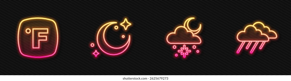 Set line Cloud with snow and sun, Fahrenheit, Moon stars and rain. Glowing neon icon. Vector