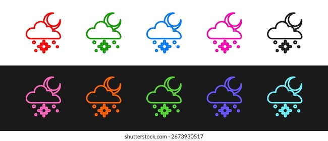 Definir a linha Nuvem com neve e sol ícone isolado no fundo preto e branco. Nuvem com flocos de neve. Ícone meteorológico único. Sinal de nevar.  Vetor