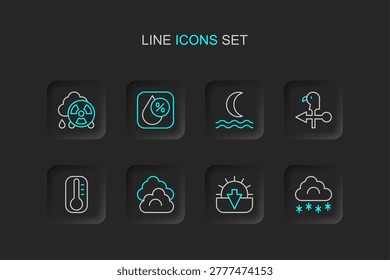 Set line Cloud with snow, Sunset, Thermometer, Rooster weather vane, Night fog or smoke, Water drop percentage and Acid rain radioactive cloud icon. Vector