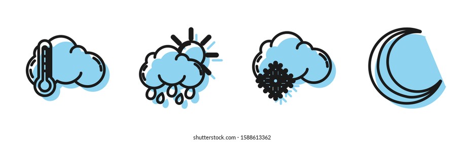 Set line Cloud with snow, Thermometer and cloud, Cloud with rain and sun and Moon and stars icon. Vector