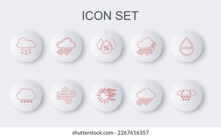 Set line Cloud with snow, Water drop percentage, rain, Wind and Fog and sun icon. Vector