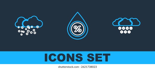Set line Cloud with snow,  and Water drop percentage icon. Vector