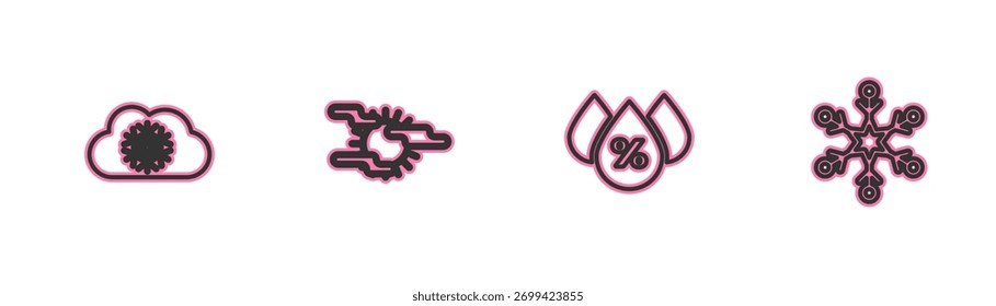 Establecer la línea Nube con nieve, porcentaje de caída de agua, niebla y sol e icono de copo de nieve. Vector
