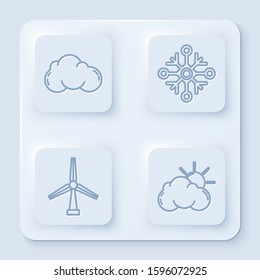 Set line Cloud, Snowflake, Wind turbine and Sun and cloud weather. White square button. Vector