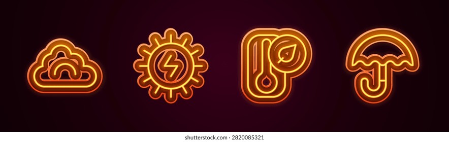 Set line Cloud, Solar energy panel, Thermometer and Umbrella. Glowing neon icon. Vector