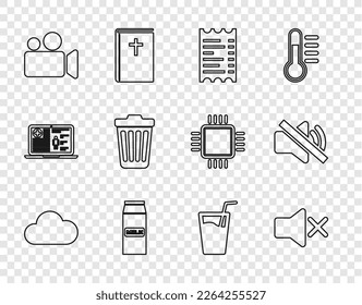Set line Cloud, Speaker mute, Paper or financial check, package for milk, Movie Video camera, Trash can, Glass with water and  icon. Vector