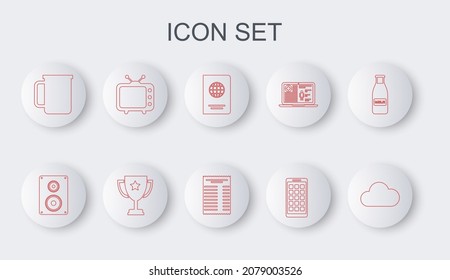 Set line Cloud, Stereo speaker, Passport, Mobile Apps, Coffee cup, Television tv, Trophy and Paper financial check icon. Vector