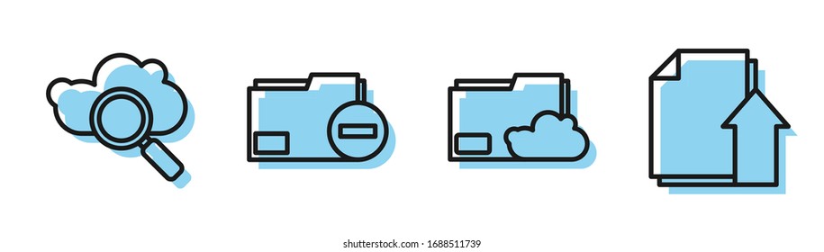 Set line Cloud storage text document folder, Search cloud computing, Document folder with minus and Upload file document icon. Vector