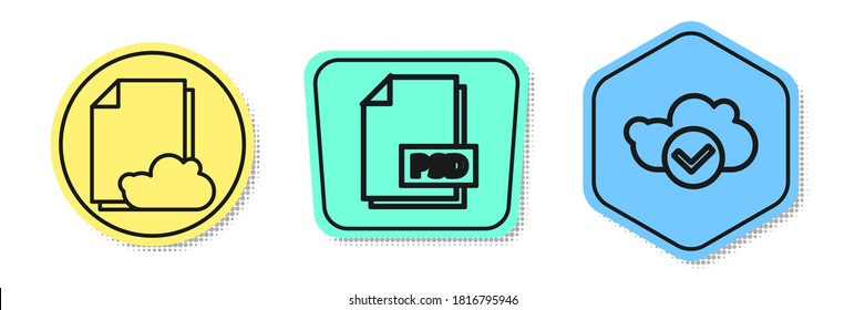 Set line Cloud storage text document, PSD file document and Cloud with check mark. Colored shapes. Vector