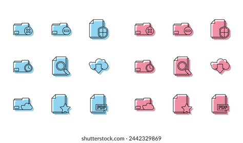 Set line Cloud storage text document folder, Document with star, Delete, PDF file, search, download, clock and minus icon. Vector