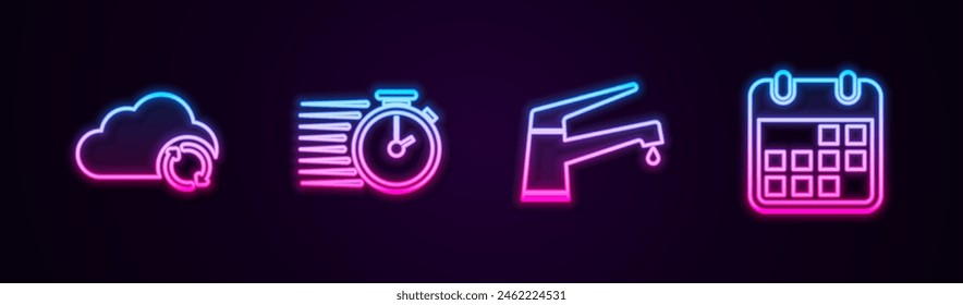Set line Cloud sync refresh, Stopwatch, Water tap and Calendar. Glowing neon icon. Vector