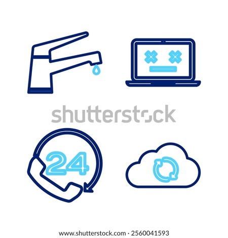 Set line Cloud sync refresh, Telephone 24 hours support, Dead laptop and Water tap icon. Vector