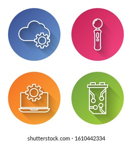 Set line Cloud technology data transfer and storage, Gamepad, Laptop and gear and Video graphic card. Color circle button. Vector