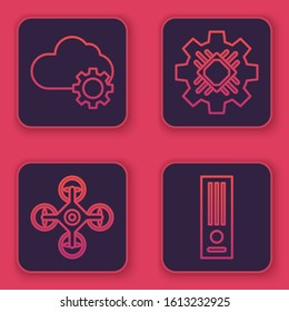 Set line Cloud technology data transfer and storage, Drone, Processor and Video game console. Blue square button. Vector