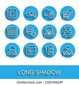 Set line Cloud technology data transfer, Software, Processor with CPU, Server, Computer network, and gear, Hierarchy organogram chart and Hangar servers icon. Vector