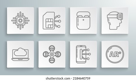 Set line Cloud technology data transfer and storage, Sim card, Drone, Smartphone, mobile phone, Ar, augmented reality, Air headphones in box, Virtual glasses and Processor icon. Vector