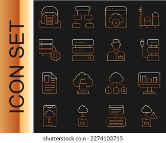 Set line Cloud technology data transfer, Monitor with graph chart, Server, Data, Web Hosting, and gear, Hangar servers and Analyst engineer icon. Vector