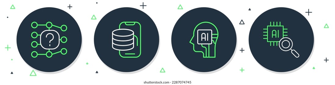 Set line Cloud technology data transfer, Humanoid robot, Neural network and Processor CPU icon. Vector