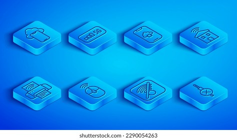 Set line Cloud technology data, 5G wireless internet, Wireless computer mouse, No Wi-Fi, Smart home with wi-fi, printer system and audio jack icon. Vector