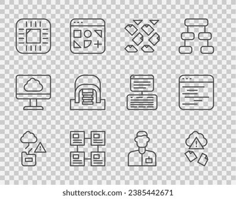 Set line Cloud technology data transfer, hacking, Data stream, Hierarchy organogram chart, Processor with CPU, Hangar servers, Analyst engineer and Software icon. Vector