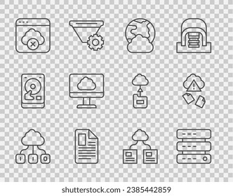 Set line Cloud technology data transfer, Server, Data, Web Hosting, Social network, File document, Failed access cloud storage,  and hacking icon. Vector