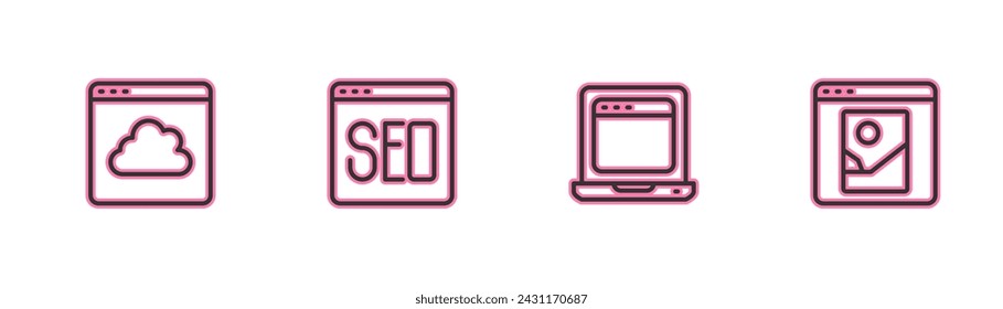 Set line Cloud technology data transfer, Laptop with browser window, SEO optimization and Photo retouching icon. Vector