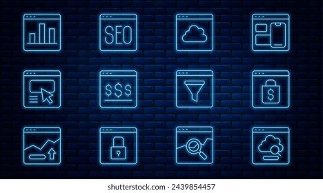 Set line Cloud technology data transfer, Online shopping on screen, UI or UX design, Graph chart infographic, Browser window and SEO optimization icon. Vector