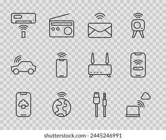 Set line Cloud technology data, Network cloud connection, Mail and e-mail, Global, Air conditioner, Mobile with wi-fi wireless, USB cable cord and  icon. Vector