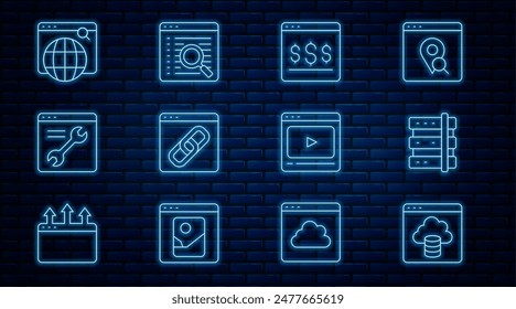 Set line Cloud technology data transfer, Server, Online shopping on screen, Browser window, setting, Search engine, play video and  icon. Vector