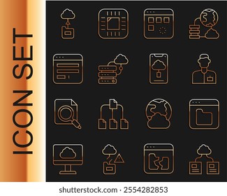 Set line Cloud technology data transfer, Browser files, Analyst engineer, Loading window, Network cloud connection,  and  icon. Vector