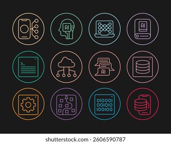 Set line Cloud technology data transfer, Server, Data, Neural network, Network cloud connection, Web developer programming code, Chat bot and Humanoid robot icon. Vector