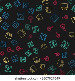 Set line Cloud technology data transfer, Server, Data, Browser window and Magnifying glass with check mark on seamless pattern. Vector