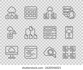 Set line Cloud technology data transfer, Hierarchy organogram chart, Software, Folder tree, Search cloud computing and  icon. Vector - Powered by Shutterstock - Get 15% off with code: PIKWIZARD15