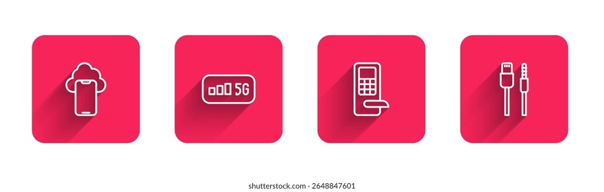 Set line Cloud technology data, 5G wireless internet, Digital door lock and USB cable cord with long shadow. Red square button. Vector