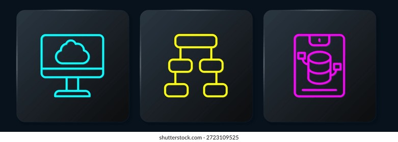 Defina a transferência de dados de tecnologia de nuvem, Servidor, Dados, Hospedagem na Web e organograma de hierarquia. Botão quadrado preto. Vetor