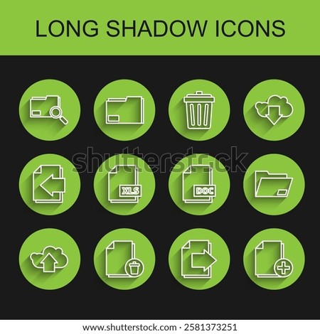 Set line Cloud upload, Delete file document, Search concept with folder, Next page arrow, Add new, XLS, Document and DOC icon. Vector