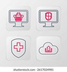 Set line Cloud upload, Medical shield with cross, Monitor and and shopping basket icon. Vector