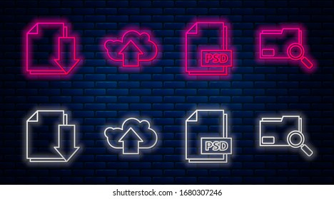 Set line Cloud upload, PSD file document, Document with download and Search concept with folder. Glowing neon icon on brick wall. Vector