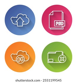 Set line Cloud upload, PSD file document, Cloud download and upload and Delete folder. Color circle button. Vector