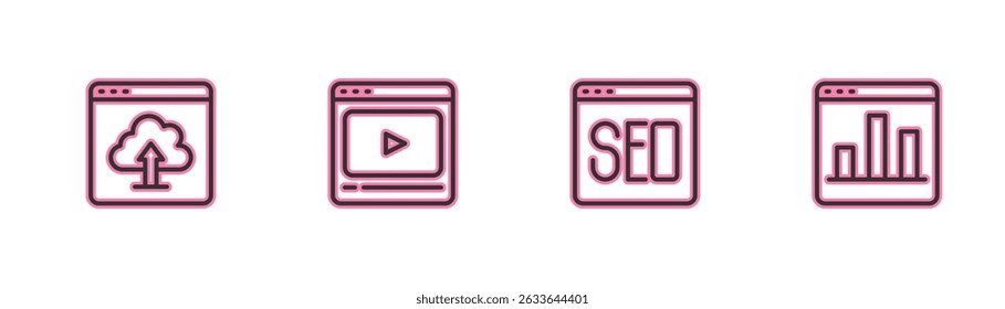Set line Cloud upload, SEO optimization, Online play video and Graph chart infographic icon. Vector