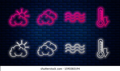 Set line Cloud, Waves, Sun and cloud weather and Thermometer. Glowing neon icon on brick wall. Vector
