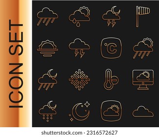 Establece la línea Nube, pronóstico del tiempo, con lluvia y sol, tormenta, amanecer e icono de Celsius. Vector
